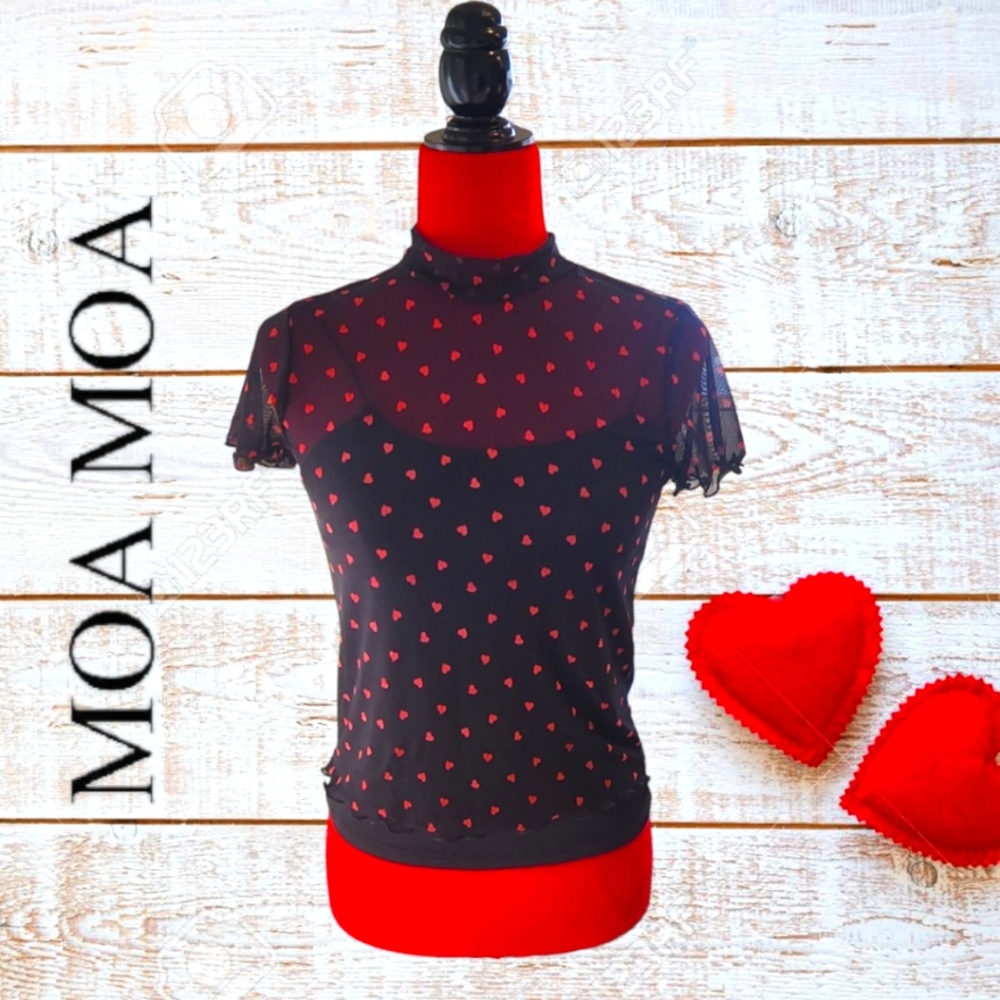 NWT Women's Moa Moa  Black Heart Mesh Crop Top w/Silky Black Undershirt Size: M